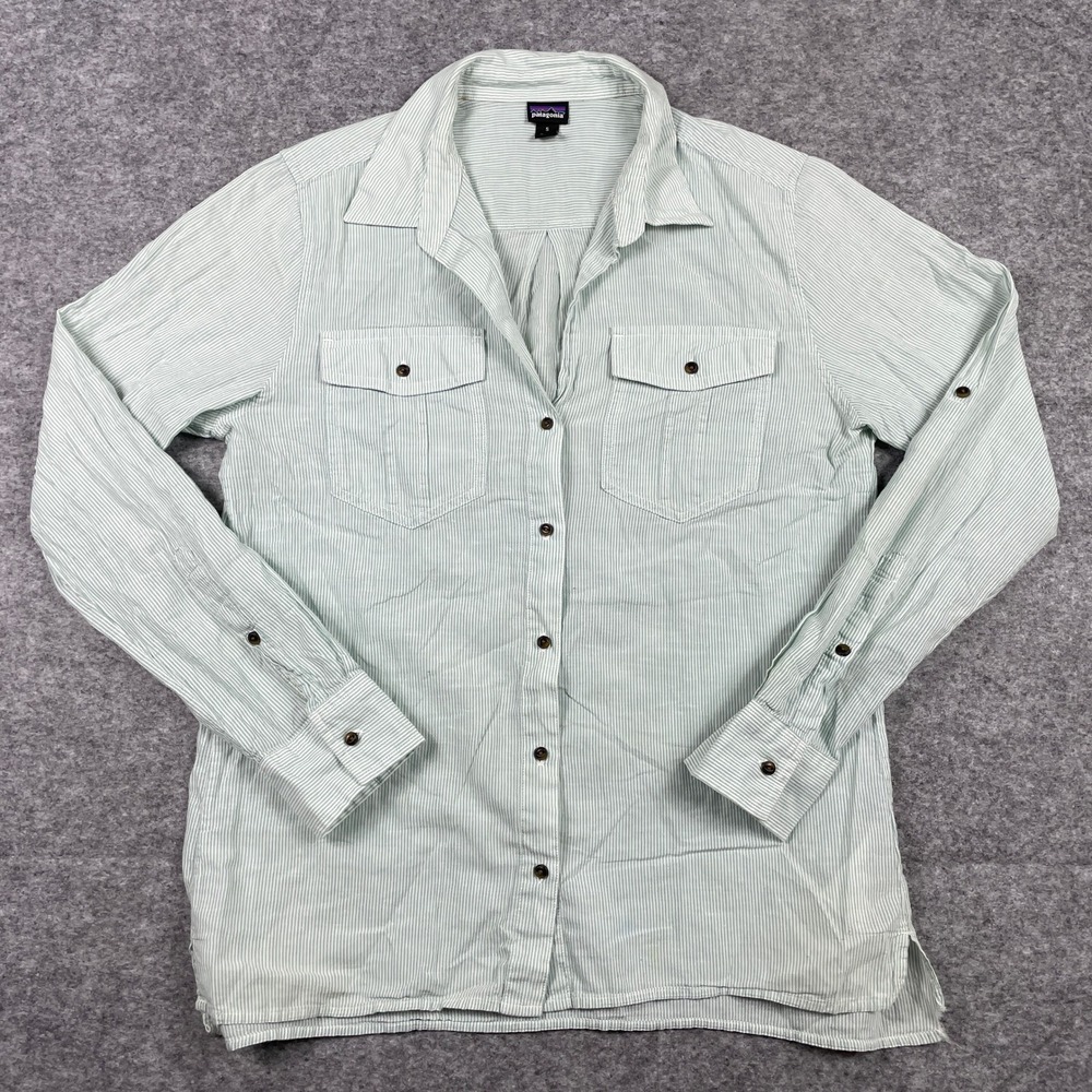Patagonia Shirt Womens S Green Stripe Organic Cotton Hemp Lightweight Button Up